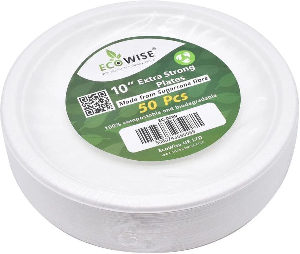 ECOWISE WHITE BEGASSE BIODEGRADABLE PLATES 10" / 25CM PACK OF 6