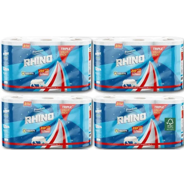 RHINO BLUE KITCHEN TOWEL ROLL 3 PLY PACK OF 4 X 3 ROLLS