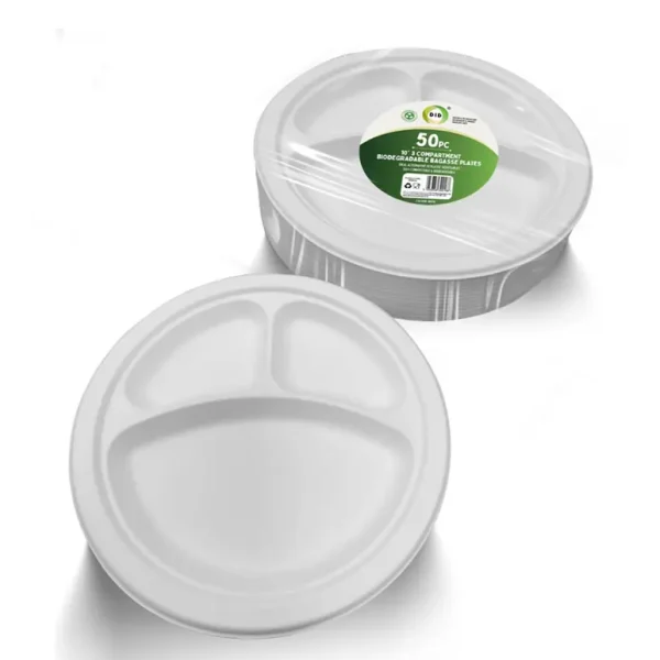 3 COMPARTMENT ROUND BIODEGRADABLE BAGASSE PLATES 10" PAC OF 50