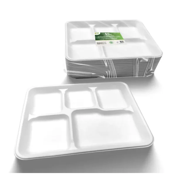 5 COMPARTMENT RECTANGULAR BIODEGRADABLE BAGASSE PLATES PACK OF 50