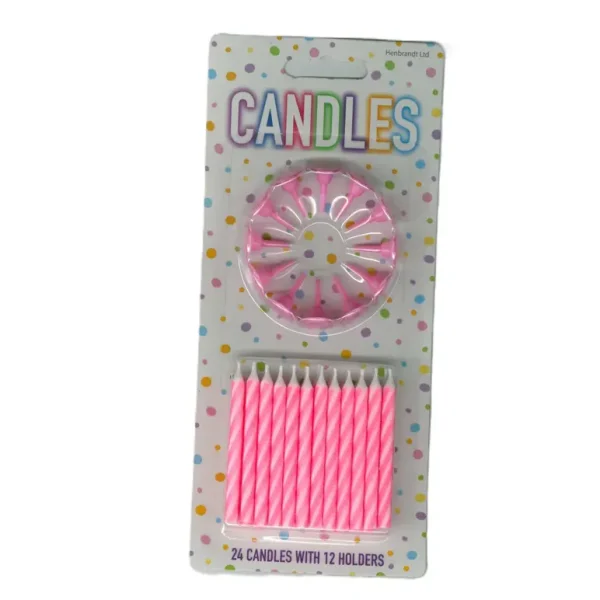 HENBRANDT PINK BIRTHDAY PARTY CANDLED PACK OF 24 WITH HOLDERS