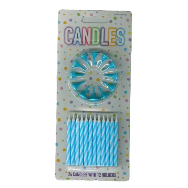 HENBRANDT BLUE BIRTHDAY PARTY CANDLED PACK OF 24 WITH HOLDERS