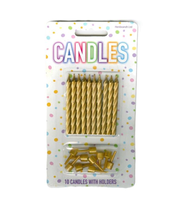 HENBRANDT GOLD BIRTHDAY PARTY CANDLED PACK OF 10 WITH HOLDERS