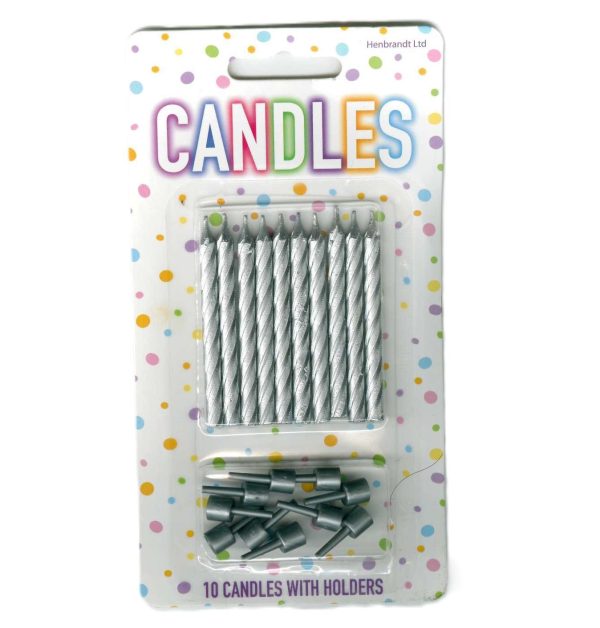 HENBRANDT SILVER BIRTHDAY PARTY CANDLED PACK OF 10 WITH HOLDERS