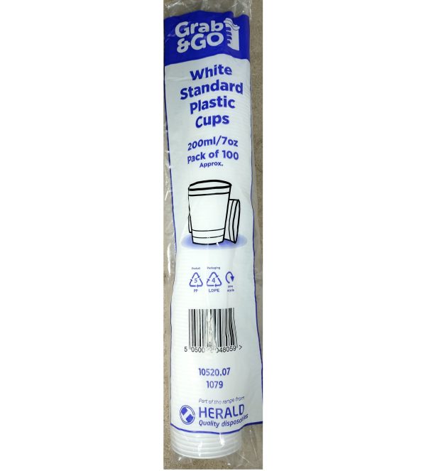 GRAB & GO WHITE STANDARD PLASTIC CUPS Pack Of 100 (200ML / 7OZ)