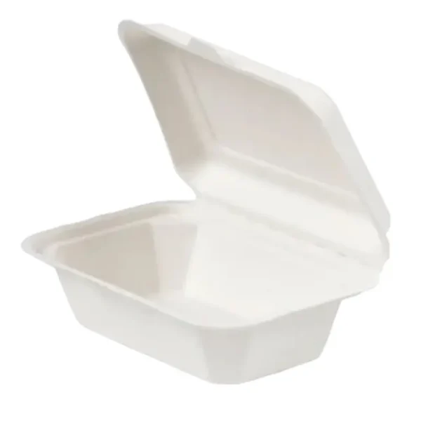 WHITE BAGASSE BIODEGRADABLE CLAMSHELL BOXES 7 X 5" 50/PK MEAL BOX