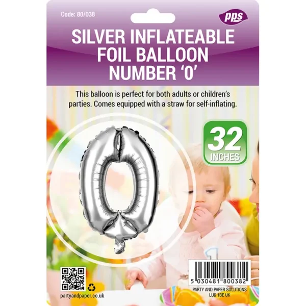 PPS GIANT STANDING FOIL NUMBER 0 BALLOON 82 CM - SILVER