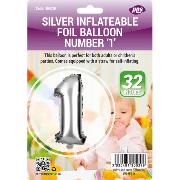 PPS GIANT STANDING FOIL NUMBER 1 BALLOON 82 CM - SILVER