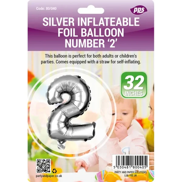 PPS GIANT STANDING FOIL NUMBER 2 BALLOON 82 CM - SILVER