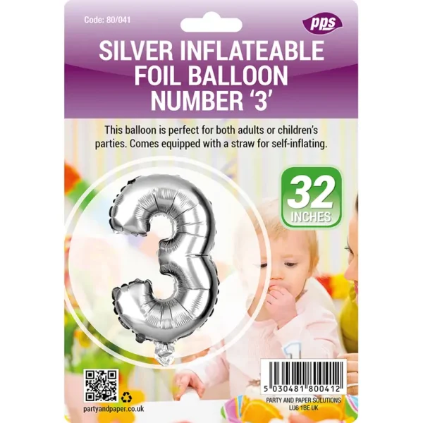 PPS GIANT STANDING FOIL NUMBER 3 BALLOON 82 CM - SILVER