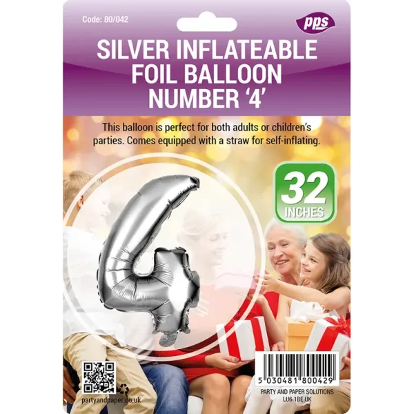 PPS GIANT STANDING FOIL NUMBER 4 BALLOON 82 CM - SILVER