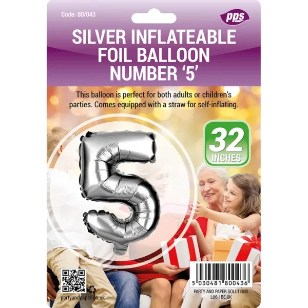 PPS GIANT STANDING FOIL NUMBER 5 BALLOON 82 CM - SILVER