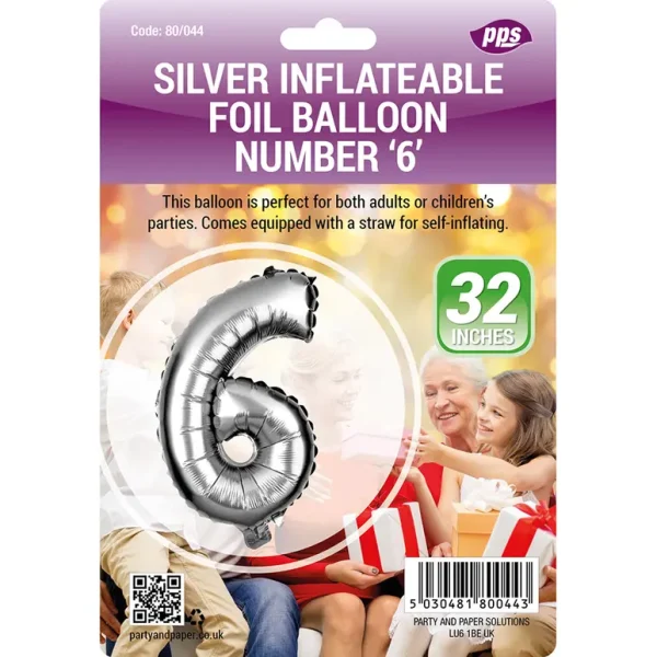 PPS GIANT STANDING FOIL NUMBER 6 BALLOON 82 CM - SILVER