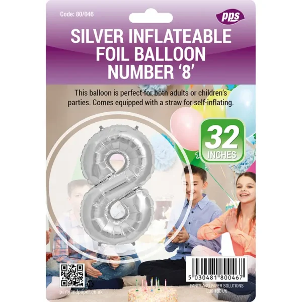 PPS GIANT STANDING FOIL NUMBER 8 BALLOON 82 CM - SILVER