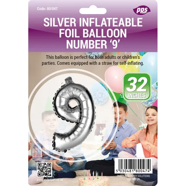 PPS GIANT STANDING FOIL NUMBER 9 BALLOON 82 CM - SILVER