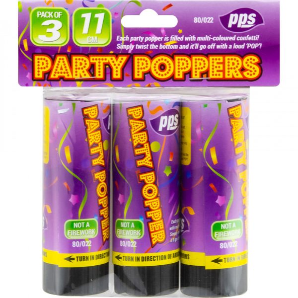 PPS COLOUR CONFETTI CANNON PARTY POPPERS 11CM PACK OF 3