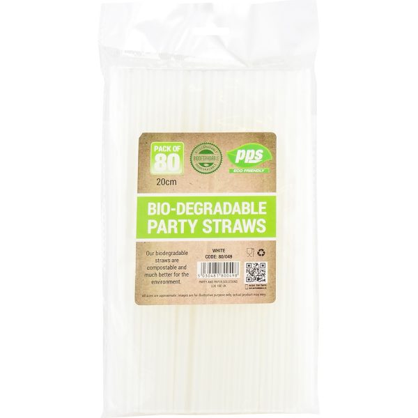 PPS WHITE BIODEGRADABLE COMPOSTABLE DRINKING PARTY STRAWS 80/PK