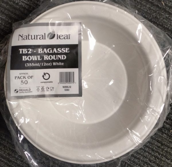 NATURAL LEAF BAGASSE BIODEGRADABLE 335ML / 12OZ BOWLS 50/PK