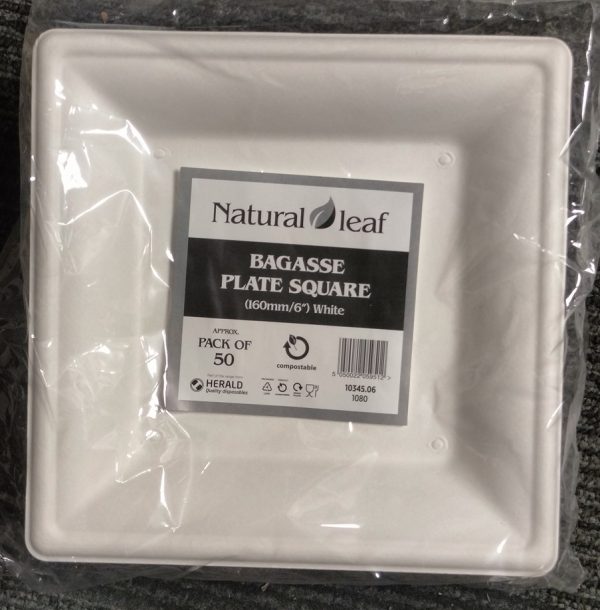 NATURAL LEAF BAGASSE BIODEGRADABLE SQUARE PLATE 6" / 15CM 50/PK