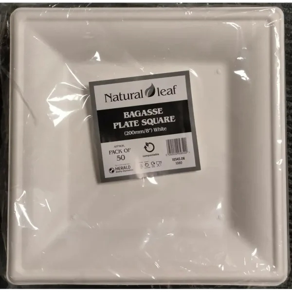 NATURAL LEAF BAGASSE BIODEGRADABLE SQUARE PLATE 8" / 20CM PACK OF 50