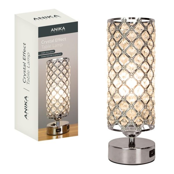 ANIKA CRYSTAL EFFECT DUEL USB CHARGING TABLE LAMP 29CM