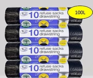 TIDYZ EXTRA THICK BLACK REFUSE SACKS DRAWSTRING BAG 100LTR PACK OF 10