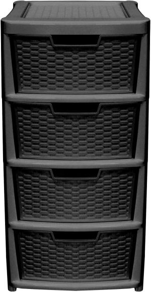 RATTAN PLASTIC LARGE 4 DRAWER MOBILE TOWER STORAGE UNIT - BLACK
