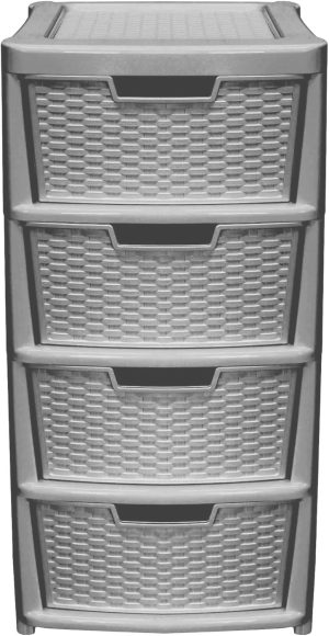 RATTAN PLASTIC LARGE 4 DRAWER MOBILE TOWER STORAGE UNIT - GREY