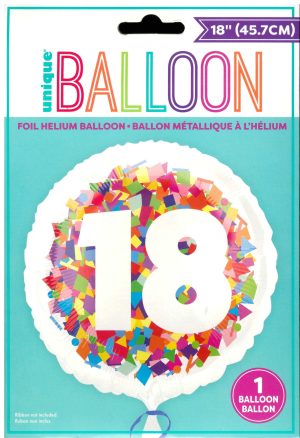 UNIQUE BRIGHT CONFETTI NUMBER 18 ROUND FOIL BALLOON 18"