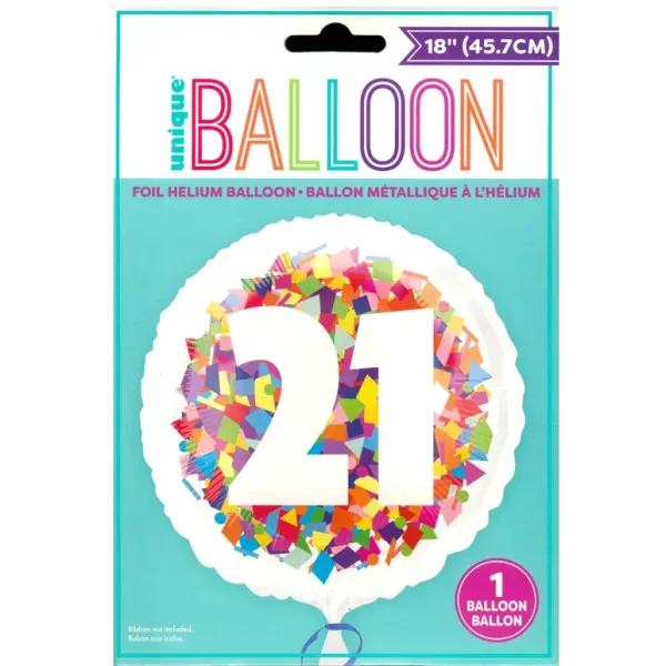 UNIQUE BRIGHT CONFETTI NUMBER 21 ROUND FOIL BALLOON 18"