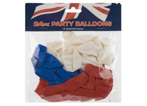 UNION JACK COLOUR PARTY BALLOONS PACK OF 24 - 12 RED WHITE BLUE
