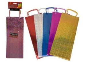 HOLOGRAPHIC GIFT WINE BOTTLE BAG - ASSORTED COLOURS - PACK OF 3