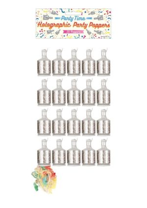 PARTY TIME SILVER HOLOGRAPHIC PARTY POPPERS PACK OF 20
