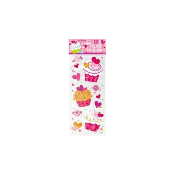 PACK OF 20 CUPCAKE HEARTS CELLO BAGS (CELLOPHANE/PARTY/LOOT)