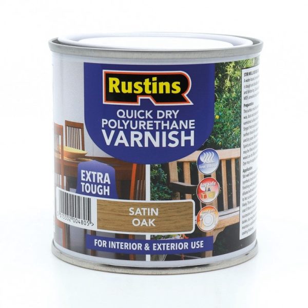 RUSTINS QUICK DRY POLY VARNISH SATIN OAK250ML