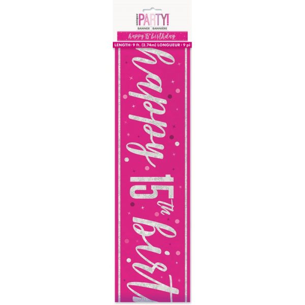 HAPPY 15TH BIRTHDAY BANNER PINK 9FT