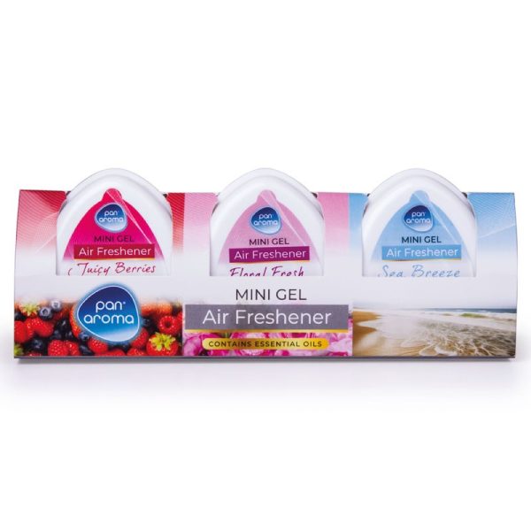 PAN AROMA MINI GEL AIR FRESHENER PACK OF 3 JUICY BERRY FLORAL SEA BREEZE