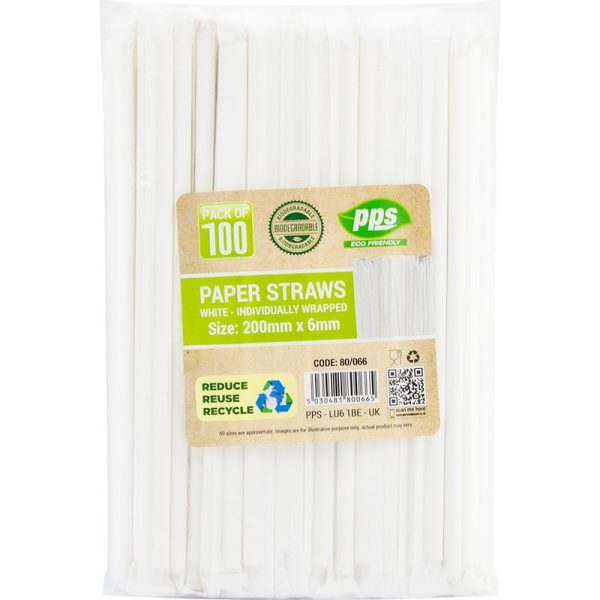 PPS PARTY STRAWS PAPER WHITE WRAPPED 6MM PACK OF 100