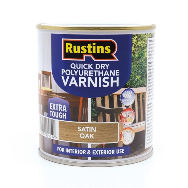RUSTINS QUICK DRY POLY VARNISH SATIN OAK 500ML