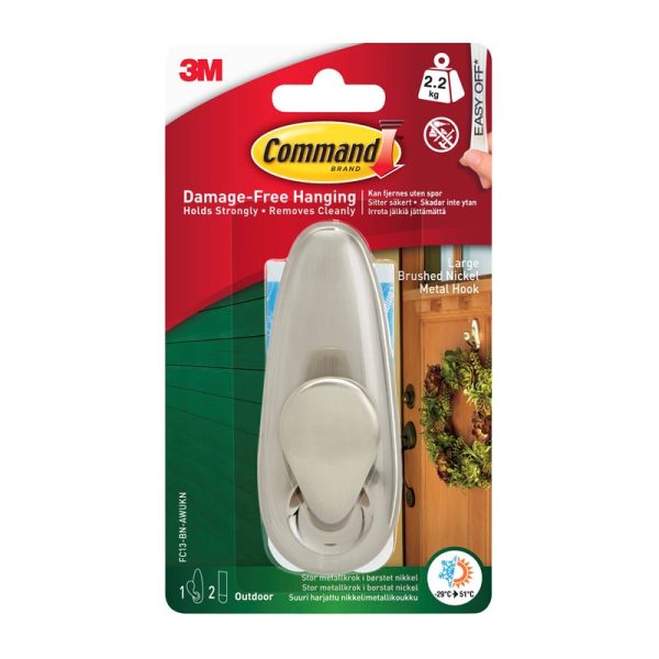 COMMAND OUTDOOR LARGE BRUSHED NICKLE METAL HOOK