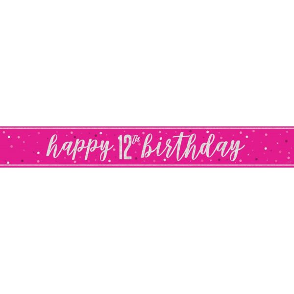 HAPPY 12TH BIRTHDAY BANNER PINK 9FT