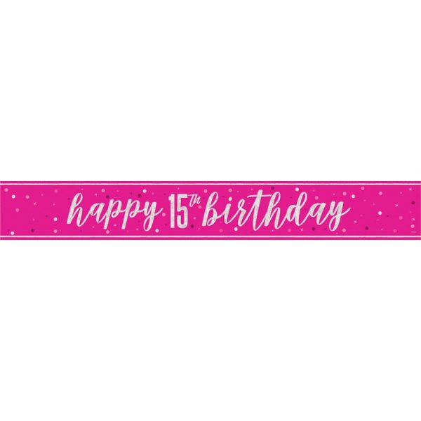 HAPPY 15TH BIRTHDAY BANNER PINK 9FT