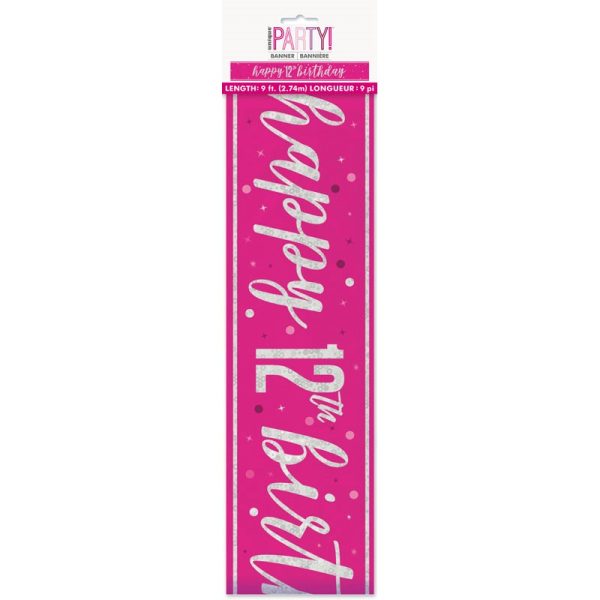 HAPPY 12TH BIRTHDAY BANNER PINK 9FT