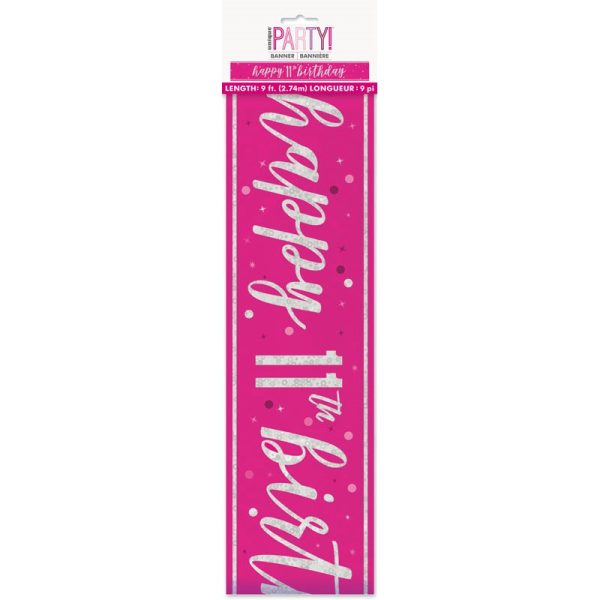 HAPPY 11TH BIRTHDAY BANNER PINK 9FT