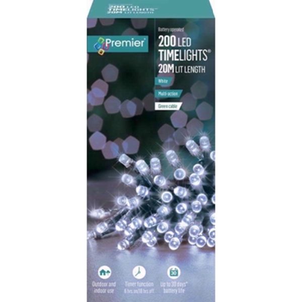 PREMIER DECORATIONS 200 LED BATTERY OPERATED LIGHTS MULTI ACTION WITH TIMER WHITE