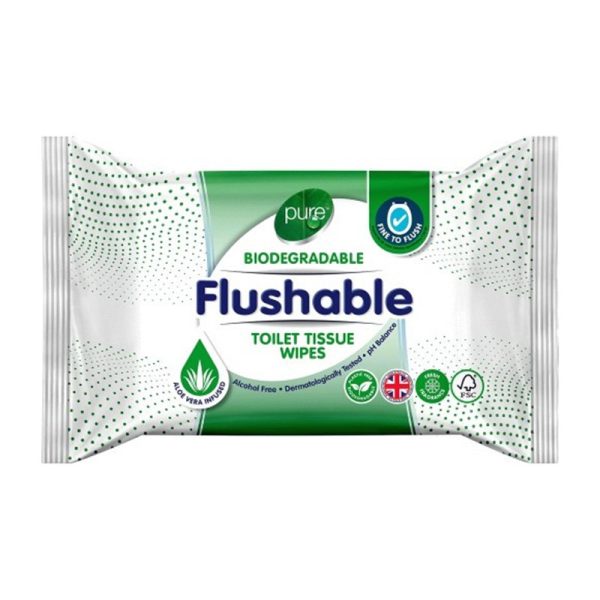 PURE FLUSHABLE TOILET WIPES BIODEGRADABLE 40S PACK OF 12