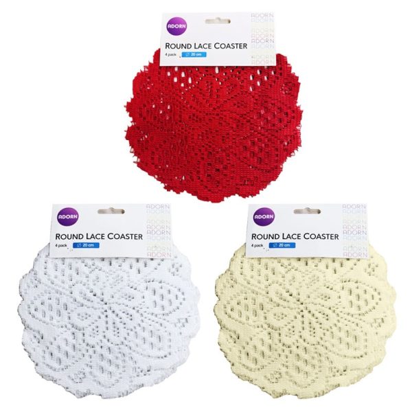 LACE COASTER ROUND 4 PACK 20CM ASSORTED