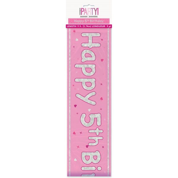 HAPPY 5TH BIRTHDAY BANNER PINK 9FT