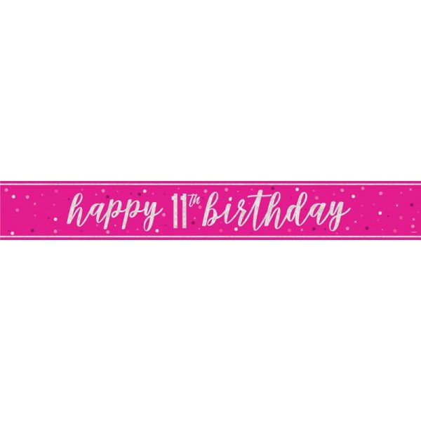 HAPPY 11TH BIRTHDAY BANNER PINK 9FT