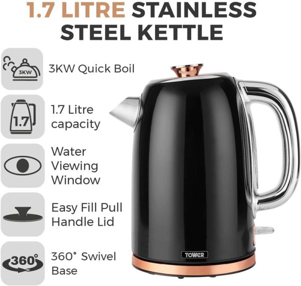 TOWER BOTTEGA STAINLESS STEEL KETTLE BLACK 3000W 1.7L - ROSE GOLD EDITION